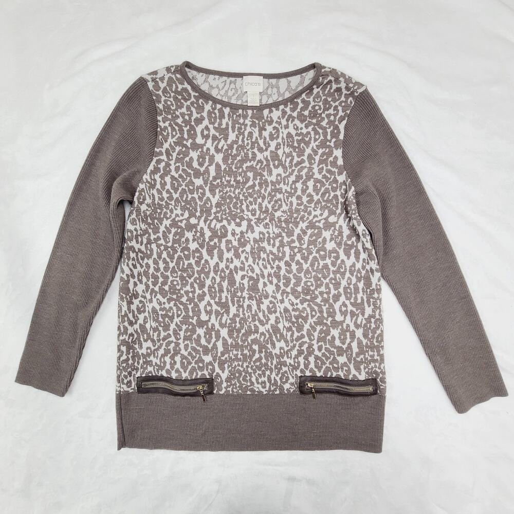 Chico’s Sweater Size 1 Animal Print Neutral Tan Brown Zip Pocket Knit Top
